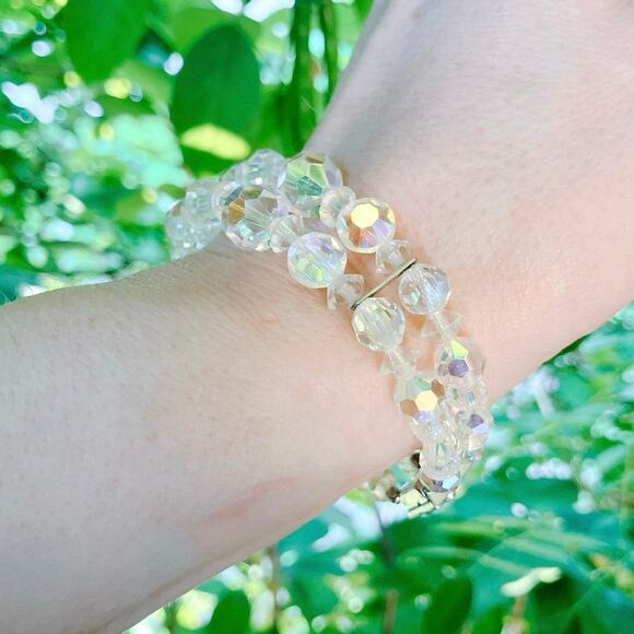 VTG Mid Century AB Crystal Double Strand Bracelet with Filigree Clasp 1950s - Picture 6 of 12